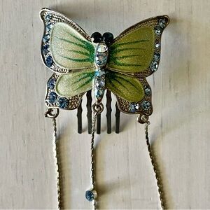 Vintage fancy butterfly blue green silver tone rhinestone hair comb accessory